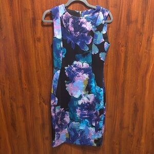 Calvin Klein Sleeveless Black Floral Sheath Dress with Purple & Blue Print.